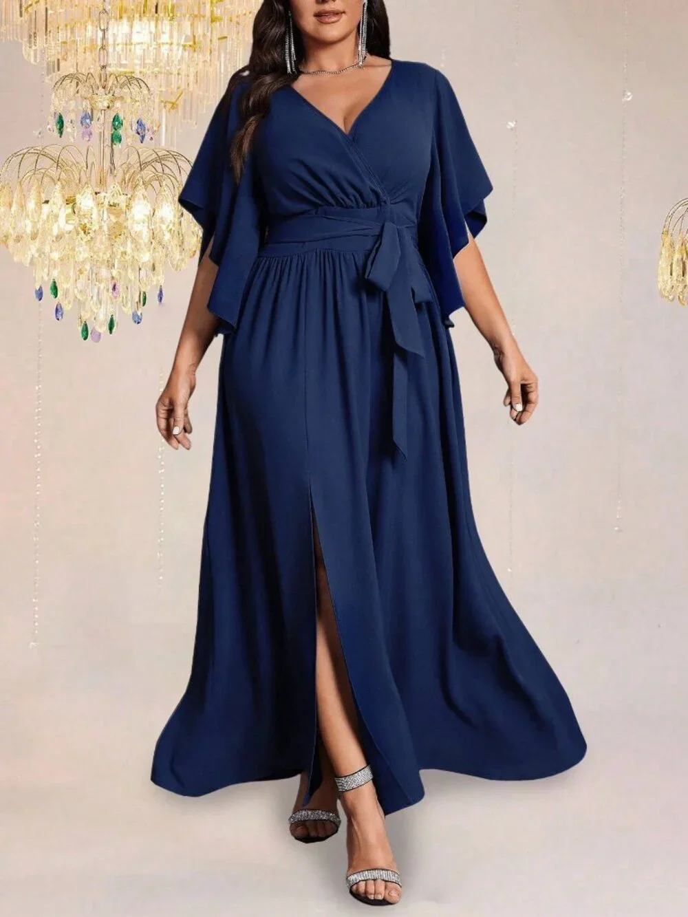 Navy Blue Elegant Women's Fitted V-Neck Flare Sleeve Maxi Dress